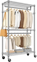 M MZG Heavy Duty Rolling Garment Rack 3 Tiers Adjustable Wire Shelving Clothes Rack with 2 Rods and Side Hooks,Storage Closet