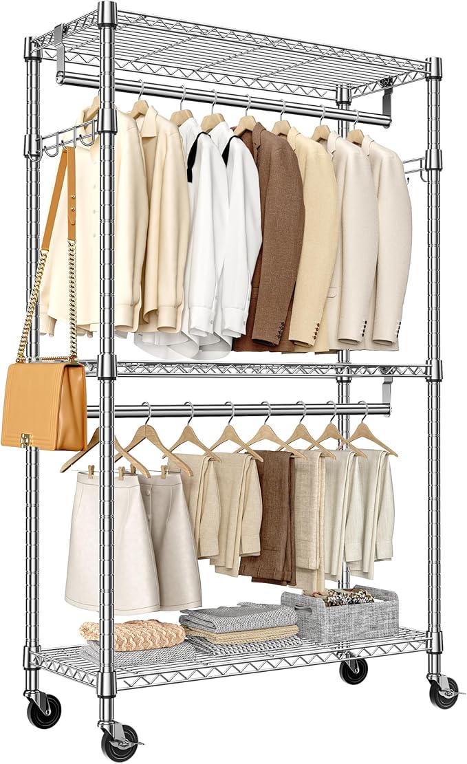 M MZG Heavy Duty Rolling Garment Rack 3 Tiers Adjustable Wire Shelving Clothes Rack with 2 Rods and Side Hooks,Storage Closet