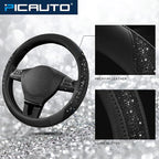 PIC AUTO Steering Wheel Cover, Black Sparkly Crystal Bling Glitter with Leather, Universal Fit 14.5"-15.5" Car Steering Wheel