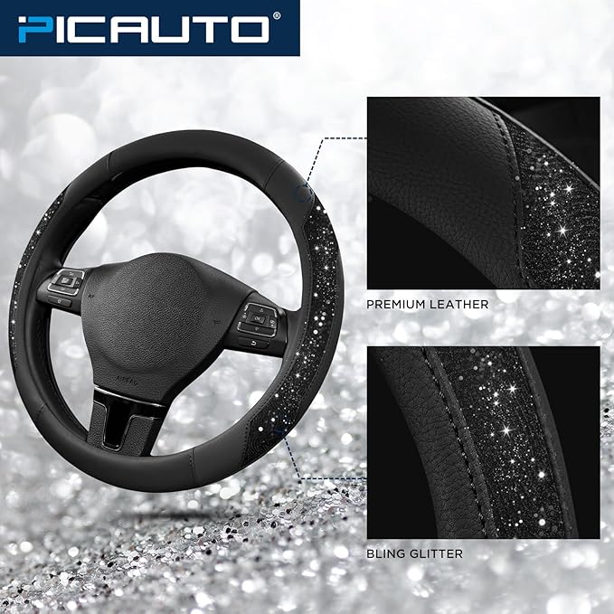 PIC AUTO Steering Wheel Cover, Black Sparkly Crystal Bling Glitter with Leather, Universal Fit 14.5"-15.5" Car Steering Wheel
