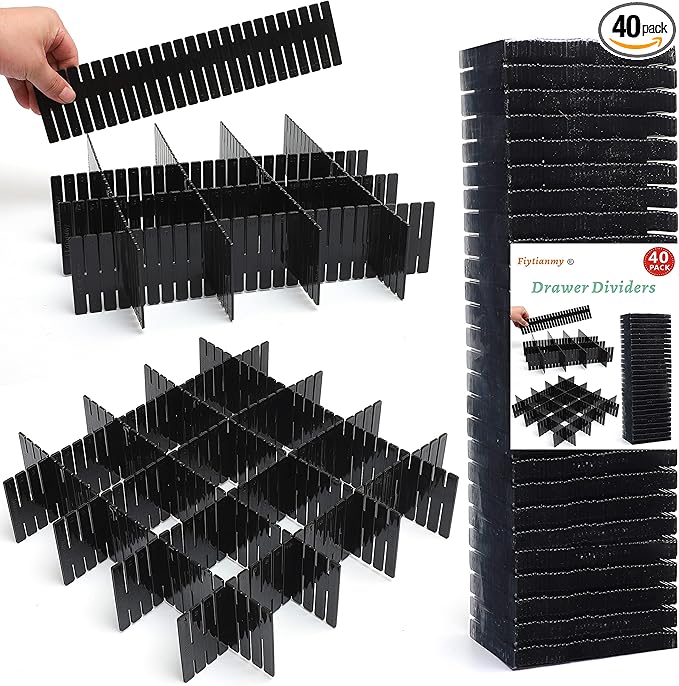 40Pcs Drawer Dividers, Adjustable Drawer Organizer for Socks, Underwear, Makeup, Can Help Tidy Kitchen, Bedroom, Dresser Blac