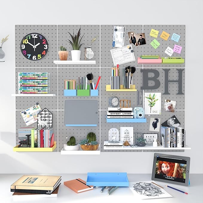 Peg Board, 4 Pack Metal Pegboard Panels Grey Pegboards Wall Organizer with Bent Frame Large Heavy Duty Peg Board for Walls Ho