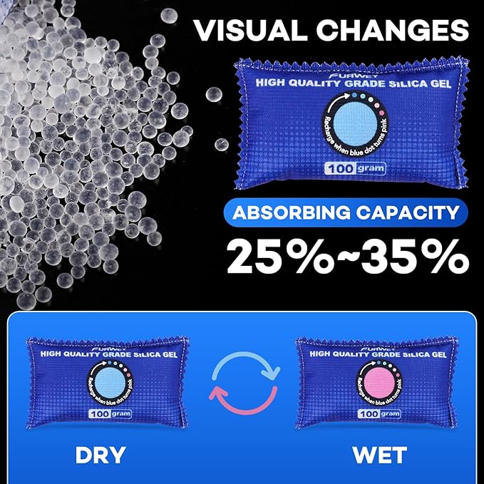 100g [ 24 Packs] Rechargeable Desiccant Packs for Storage, Color Indicating Silica Gel Desiccant Packets, Moisture absorbers