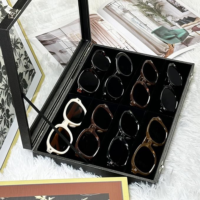 Wudygirl Jewelry and Sunglass Organizer - 8 Slot Storage With Clear Lid, Leather Eyeglasses Display for Women and Men (8 Grid