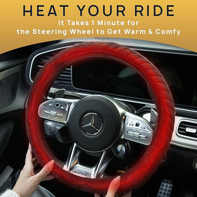 VaygWay Car Heated Steering Wheel Cover - 12v Black Soft Plush Warmer Car Steering Wheel Heater - Premium Quality 15" Auto Comfortable Steering Wheel Cover Protector Warmer for Vehicle (Soft Plush)