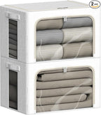 FHSQX 2 Pack Clear Window Storage Bins - Large Stackable Linen Fabric Storage for Clothes Foldable Container Organizer Set wi