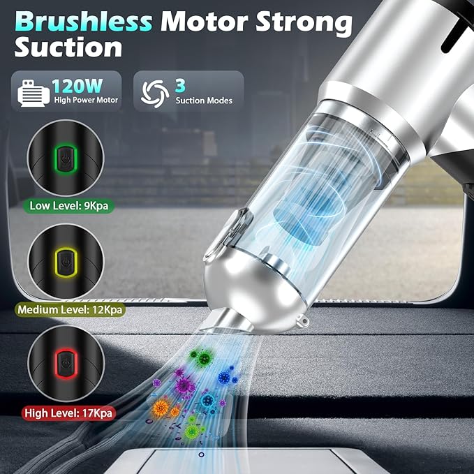 Car Vacuum Portable Cordless Foldable Mini Vacuum, 17000PA Strong Suction, 40mins Runtime, 4-in-1 Air Duster & Air Blower Han