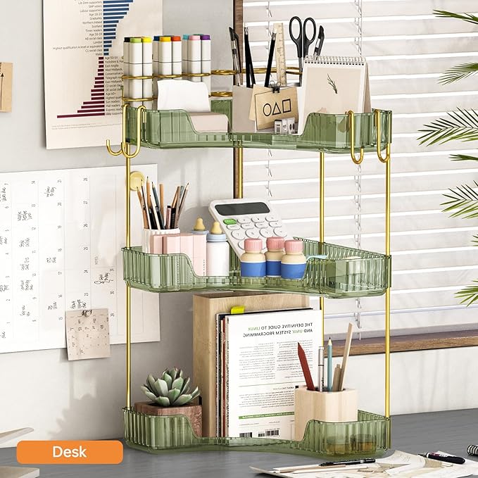 3-Tier Corner Bathroom Counter Organizer，Makeup & Skincare Shelf with Built-in Brush Holder，Space-Saving Bathroom Countertop 