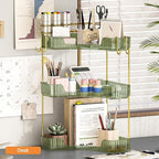 3-Tier Corner Bathroom Counter Organizer，Makeup & Skincare Shelf with Built-in Brush Holder，Space-Saving Bathroom Countertop 