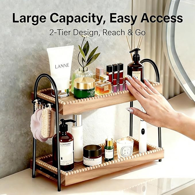2-Tier Perfume & Makeup Organizer with 8 Jewelry Hooks, Eco-Coated Paulownia Wood Vanity Tray for Bathroom, Coffee Bar & Dres