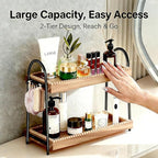 2-Tier Perfume & Makeup Organizer with 8 Jewelry Hooks, Eco-Coated Paulownia Wood Vanity Tray for Bathroom, Coffee Bar & Dres