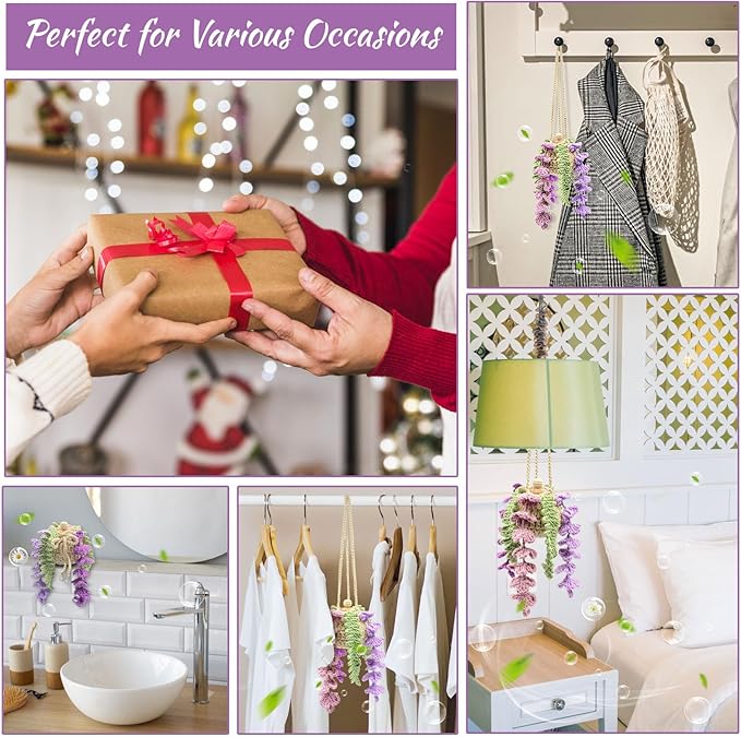 Crochet Car Air Freshener, 15ml Empty Refillable Oil Diffuser Bottle with Crochet Violet Hanging Plant for Car Rearview Mirro