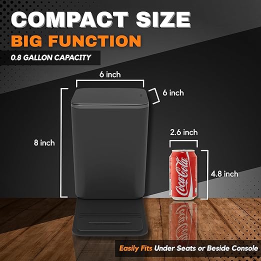 Car Trash Can with Lid, 0.8 Gallon Medium Car Garbage Bin with Stability Base Flap & Spikes for Car Humps and Flat Floors, Durable Plastic Auto Trash Container