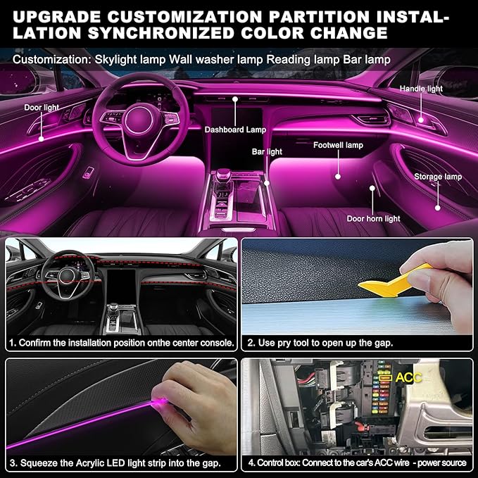 RGB Acrylic Interior Car LED Strip Light with Wireless APP, 10 in 1 with 175 inches 593 LEDs Neon LED Strip Light, 16 Million Colors Dynamic Music Sync Car Ambient Lighting Kits