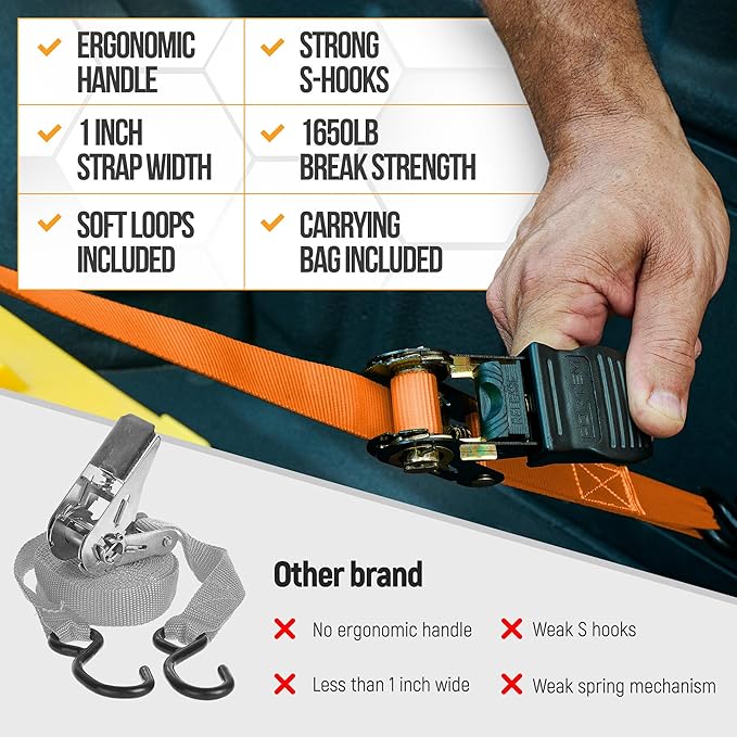 FORTEM Ratchet Straps, Tie Down Strap Set 1650lb Break Strength, 4 Pack 15ft x 1in, 4 Soft Loops, Moving Straps Tie Downs, Cargo Cam Buckles for Trucks, Carry Bag, for Men