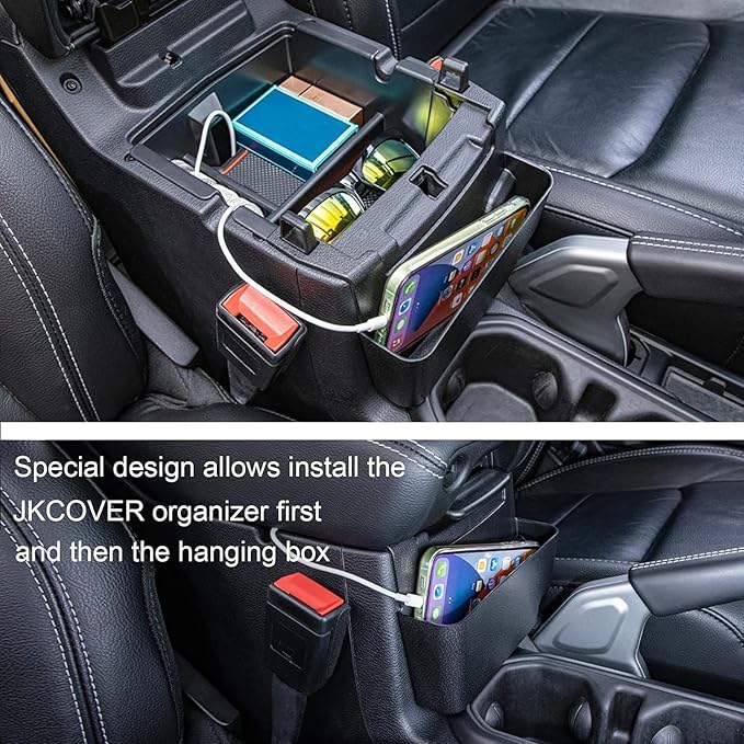 3PCS Center Console Organizer Tray Box Compatible with 2018-2025 Wrangler and 2020-2023 2024 2025 Gladiator Gear Shift Organizer Armrest Accessories Hanging Box（Not for JK/JKU）