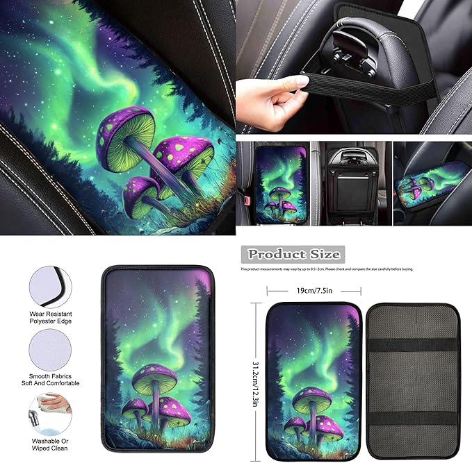 Galaxy Mushroom Car Seat Cover Full Set with Steering Wheel Cover Seat Belt Strap Pads Armrest Pad Coasters Keychain Lipstick Holder 13 PCS Automobile Accessory Interior Decor