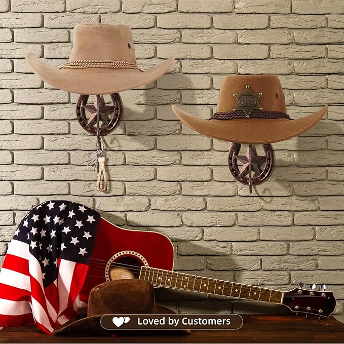 Cowboy Hat Rack for Wall Rustic Metal Cowboy Hat Holder 2 Pack Hat Hanger Western Wall Decor Horseshoe Hooks Storage Display 