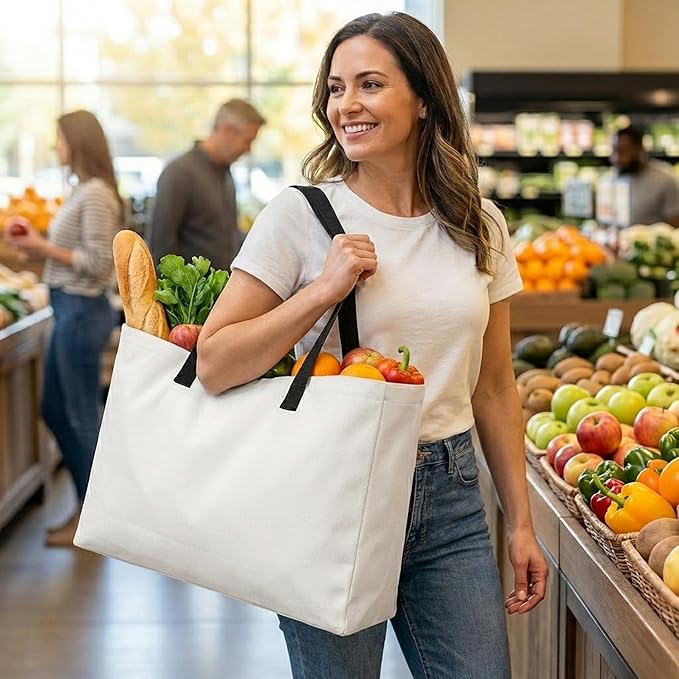 Extra Large Canvas Tote Bag - Big Reusable Grocery Shopping Heavy Duty Foldable