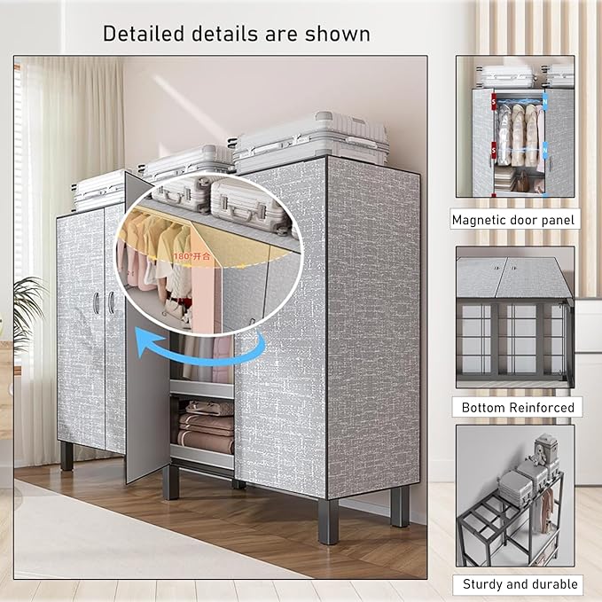 Foldable Portable Wardrobe On Wheels, Freestanding Garment Rack, with Magnetic Door 2000lbs, Heavy Duty Clothes Rack, for Bed