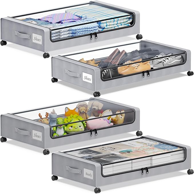 Under Bed Storage with Wheels, 4-Pack Under the Bed Storage Containers with Clear Lids & Label, Underbed Storage Bins, XXL 60