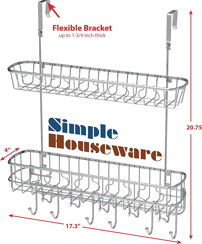 Simple Houseware Over The Door Hanging Shelf Organizer,11 Hooks with Dual Basket, Chrome