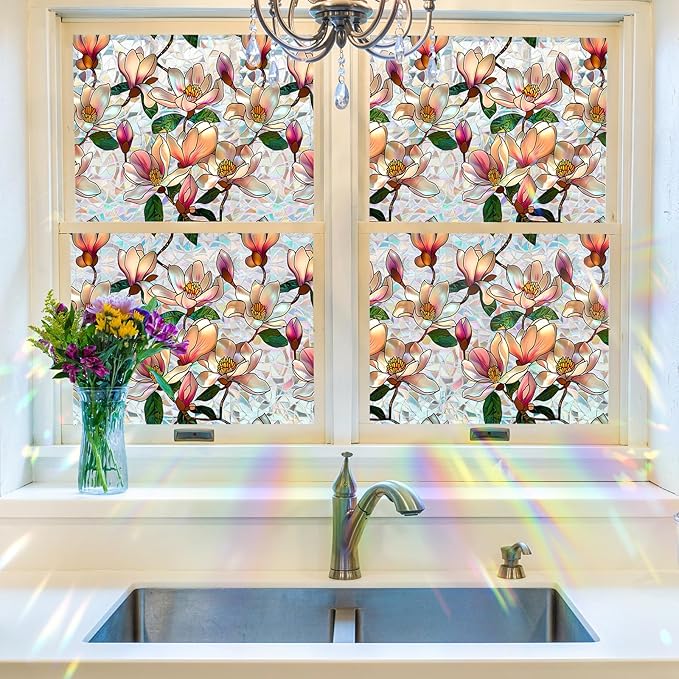 Magnolia Sunroof Stained Glass Window Film Decorative, 3D Rainbow Window Film Non-Glue Static Cling Sunroof Decal for Car Moonroof Home Glass Door Decor, 16.9" x 39.4"
