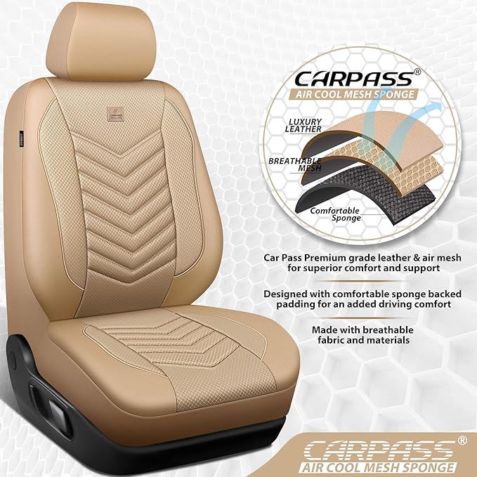 CAR PASS 3D Foam Mesh Leather Car Seat Covers Front Seats, Tan Breathable Front Seat Cover for Cars, Comfortable Universal Fi