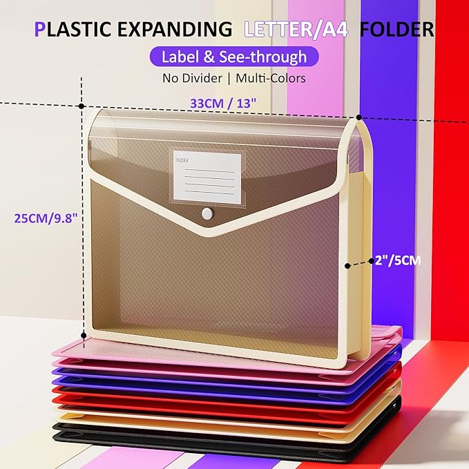 ThinkTex Plastic Expanding File Folder, Transparent Envelopes with Snap Closure, No Dividers, Large Capacity, Document Organi