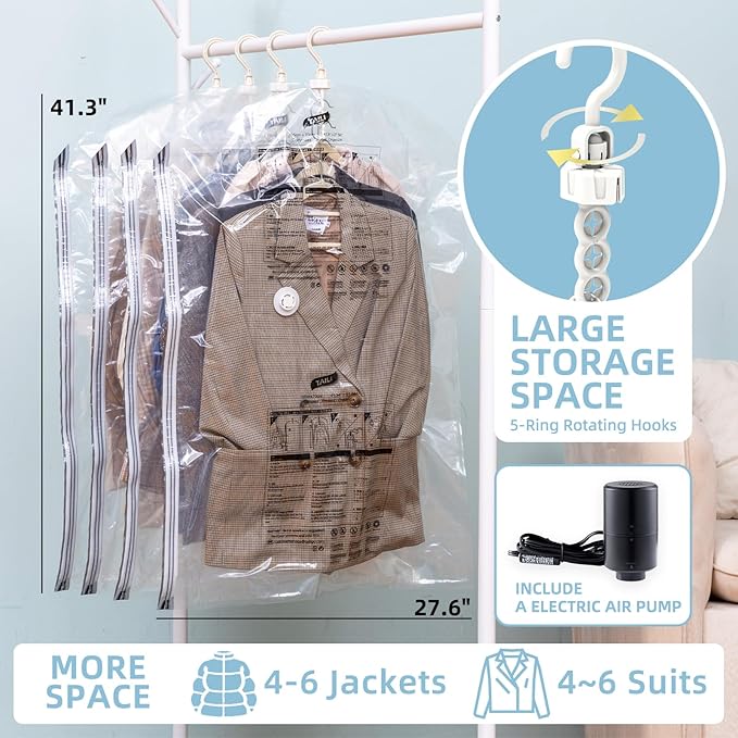 Hanging Vacuum Storage Bags with Electric Pump, 6 Pack (41.3 x27.6 inch), Vacuum Seal Bags for Clothing, Garment Storage for 