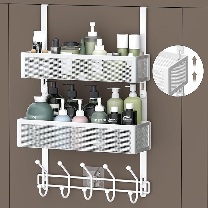 Adjustable Over The Door Hooks Organizer, Door Hanger Coat Rack with 2 Mesh Baskets and 10 Hooks, Back of Door Storage Organi