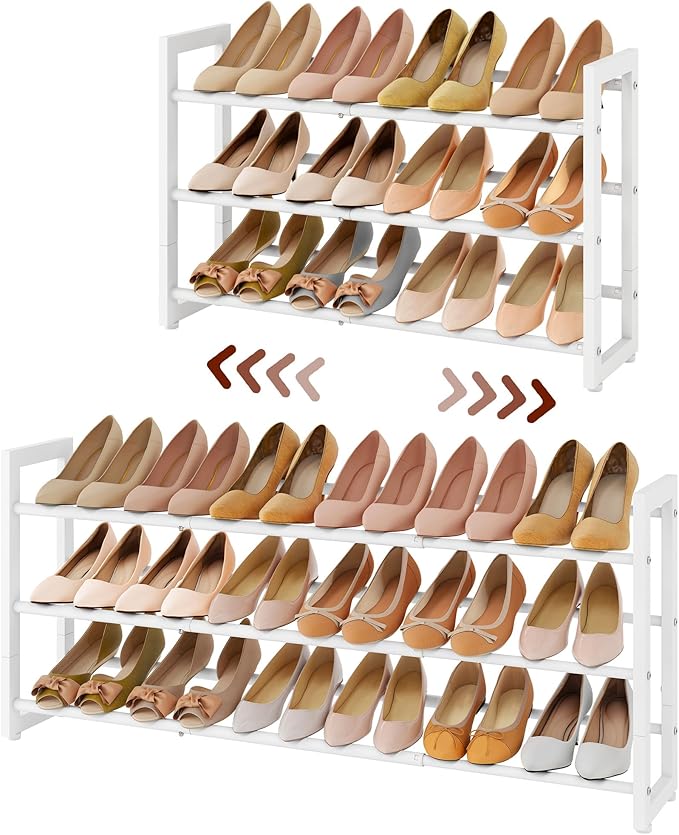 FAVOOSTY 3-Tier Expandable Shoe Rack, Adjustable Shoe Shelf Storage Organizer Space Saving Metal Free Standing Shoe Rack for 