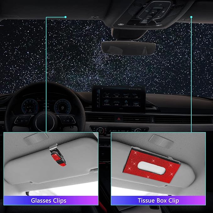 25PCS Bling Car Car Accessories Set,15 Inch Steering Wheel Cover,Shiny License Plate Frame,Center Console Cover and Rearview Mirror Set and Other Car Accessories(Red)