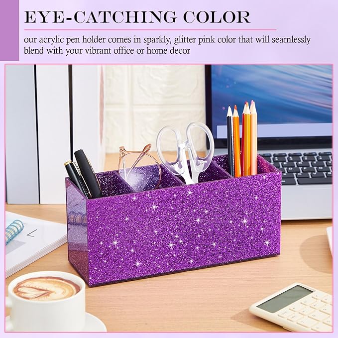 Jetec Acrylic Glitter Pen Holder 4 Compartments Bling Makeup Brush Stationery Organizer Pencil Holder for Desk Accessories Sp