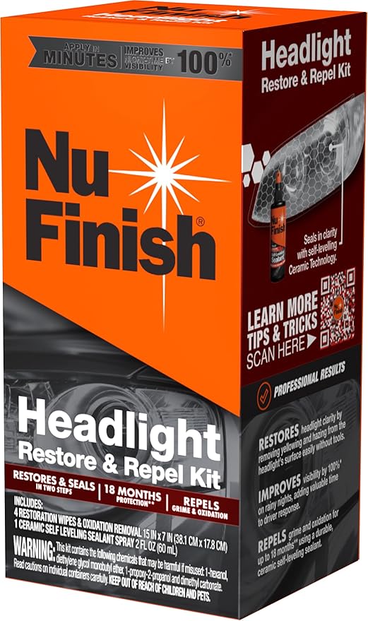 Nu Finish Headlight Restore and Repel Kit, 2-Step Car Headlight Restoration Kit with 4 Headlight Restorer Wipes and a Ceramic Self-Leveling Headlight Sealant Spray