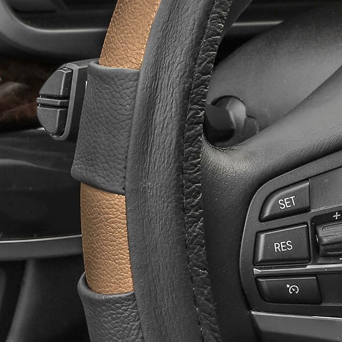 FH Group Universal Fit Genuine Leather Sport Beige Steering Wheel Cover Fits Most Cars, SUVs