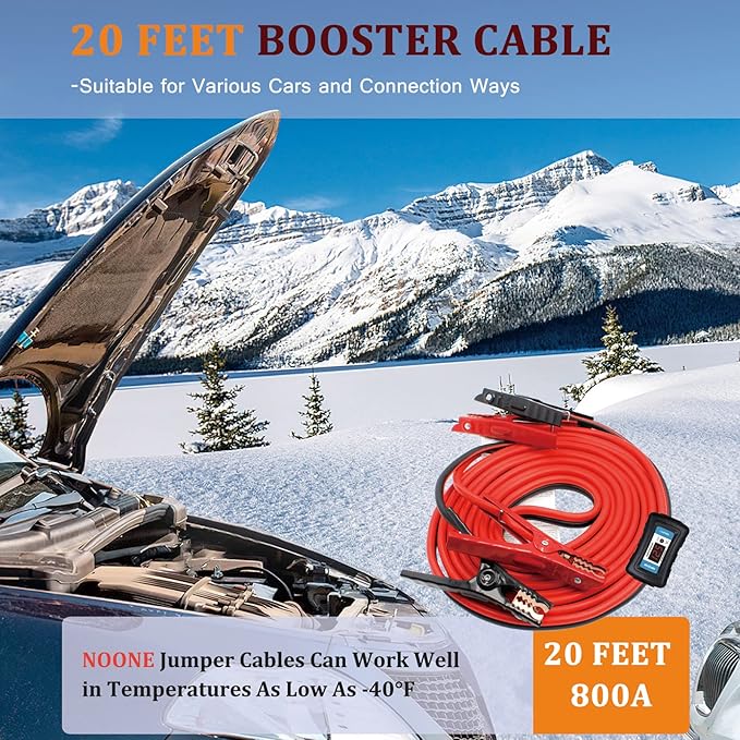 NOONE 2 Gauge Jumper Cable Heavy Duty Car Battery Clamps, for Jump Starting Dead or Weak Batteries Booster Cables with S7 Reverse Polarity Protection and Carry (2 Gauge 20 Feet)
