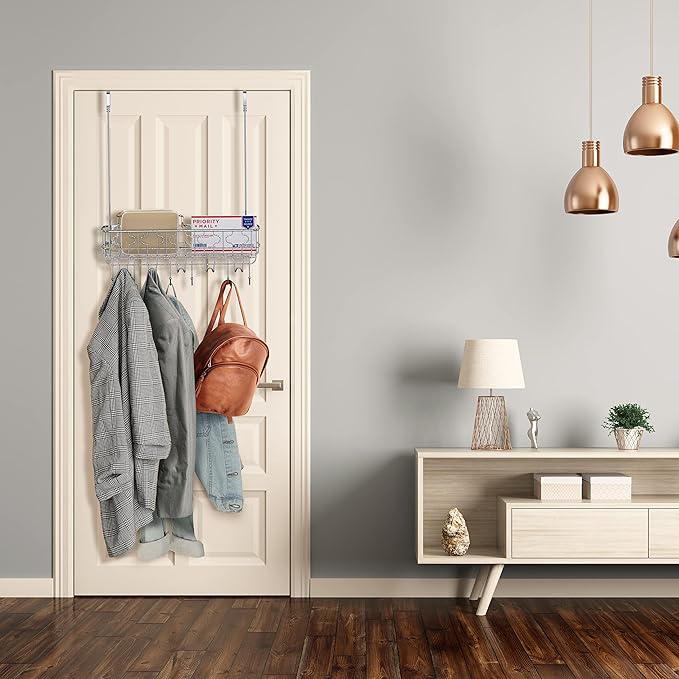 Simple Houseware Over The Door 11 Hook Organizer Rack with Basket Storage, Chrome
