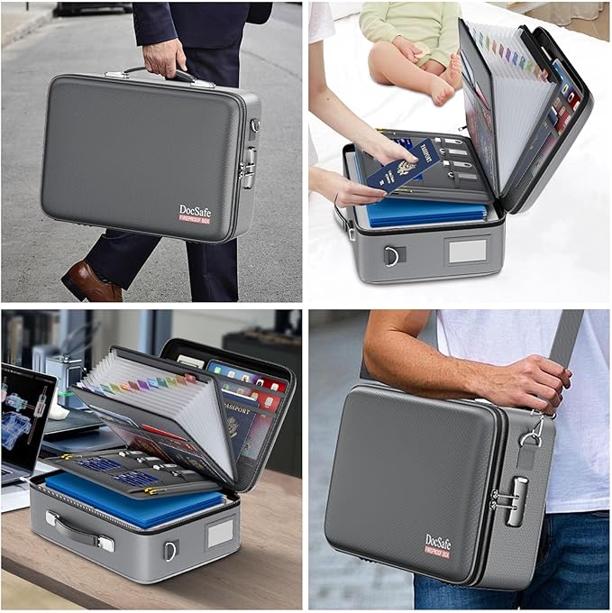 DocSafe Fireproof Document Box with Lock＆Shoulder Strap,Hard Case File Organizer with Accordion File Folder,Multi-Layer Porta