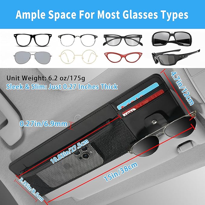 2 Packs Car Sun Visor Organizer with Pocket, Slim Leather Sun Visor Storage Pouch with Zipper, Mesh Pocket, Card Sleeves, Visor Sunglasses Holder for Cars, SUVs, Trucks, Sedan Universal Fit (Black)