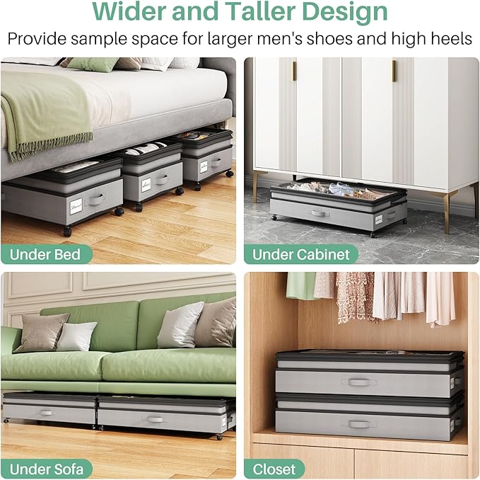 Kitstorack 4 Pack Height-adjustable Under Bed Storage with Wheels, Under Bed Storage Containers,Under Bed Shoe Storage Organi