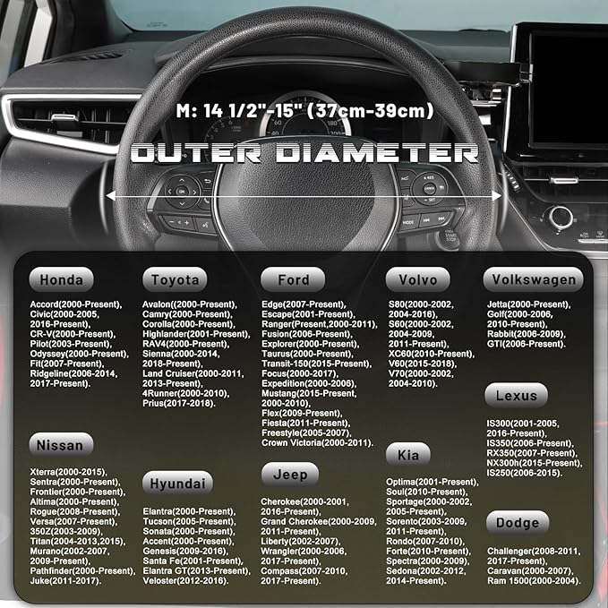 SEG Direct Steering Wheel Cover 14.5-15 inch (37-39 cm) Medium Size, Microfiber Leather, Non-Slip Comfortable Grip, Fits Cars