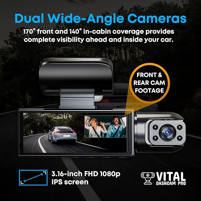 Vital Dash Camera Pro 2026 Dashcam Front and Rear Camera for Cars Dual Car Camera with Night Vision, G-Sensor 24/7 Parking Su