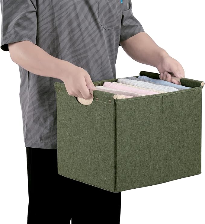 HOONEX Large Collapsible Storage Bins, Linen Fabric, Pack of 2, Storage Baskets with Wooden Carry Handles and Sturdy Heavy Ca
