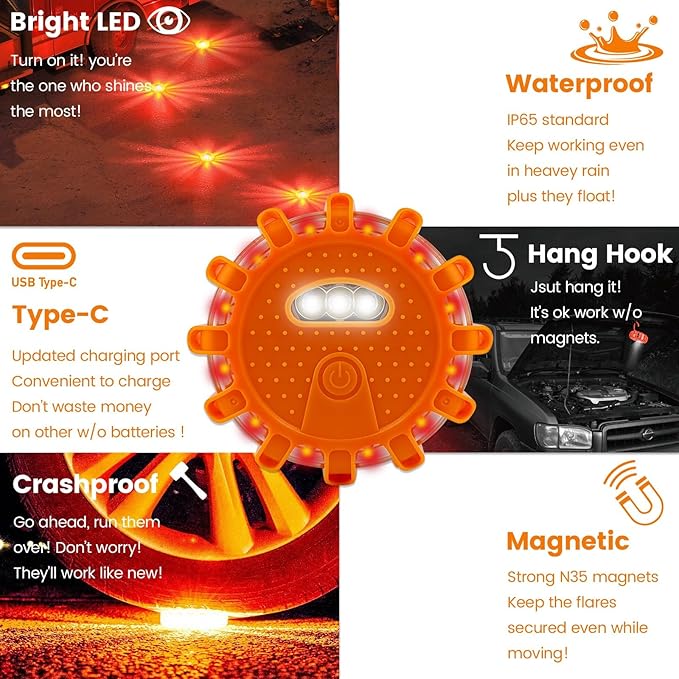 USB-C Rechargeable LED Road Flares Emergency Lights-Large Capacity (Lithium Battery) 3 in 1 Cable Roadside Warning Car Safety