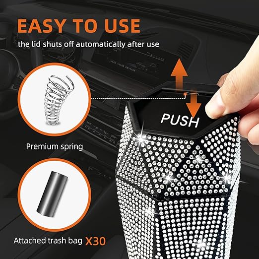 NBTEPEM Bling Car Trash Can with Lid, Bling Car Accessories Trash Bin, Leakproof Auto Garbage Can with 30 Trash Bags, Multipurpose Organizers and Storage for Home, Office (Silver Diamond)