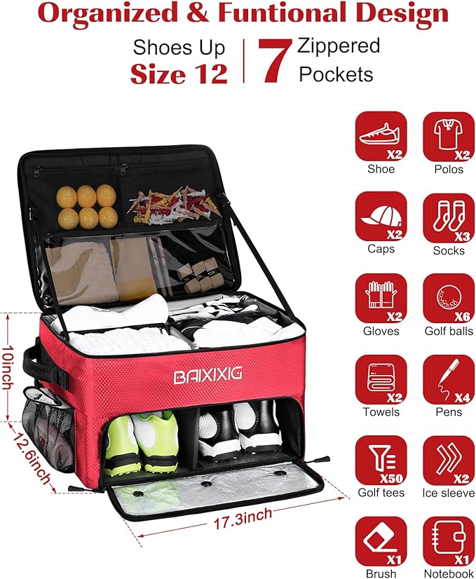 Golf Trunk Organizer, Waterproof Car Golf Locker with Separate Ventilated Compartment for 2 Pair Shoes, Golf Storage for Balls, Tees