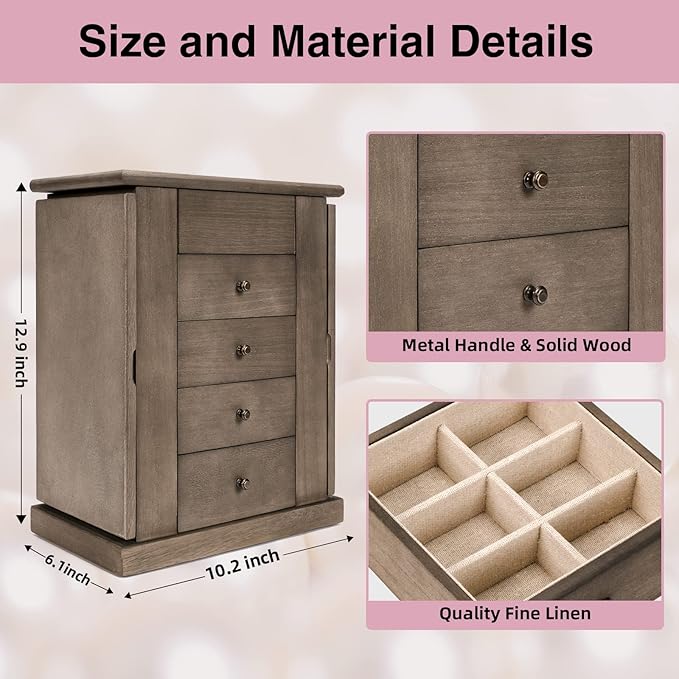 Emfogo Jewelry Box for Women, 5 Layer Large Wood Jewelry Boxes & Organizers for Necklaces Earrings Rings Bracelets, Rustic Je