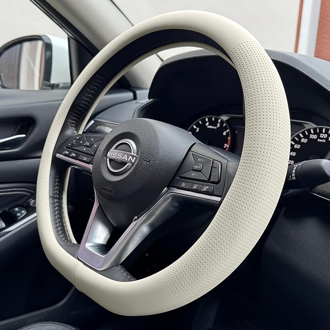 PINCTROT D Shaped Nappa Leather Steering Wheel Cover, Slim Fit No Bulk Design, One Piece Leather with Breathable Perforation,