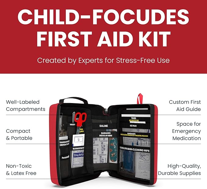 Portable First Aid Kit for Kids with CPR Shield - Ideal for Home, Car, School, Camping, and as a Travel First aid kit. Latex-